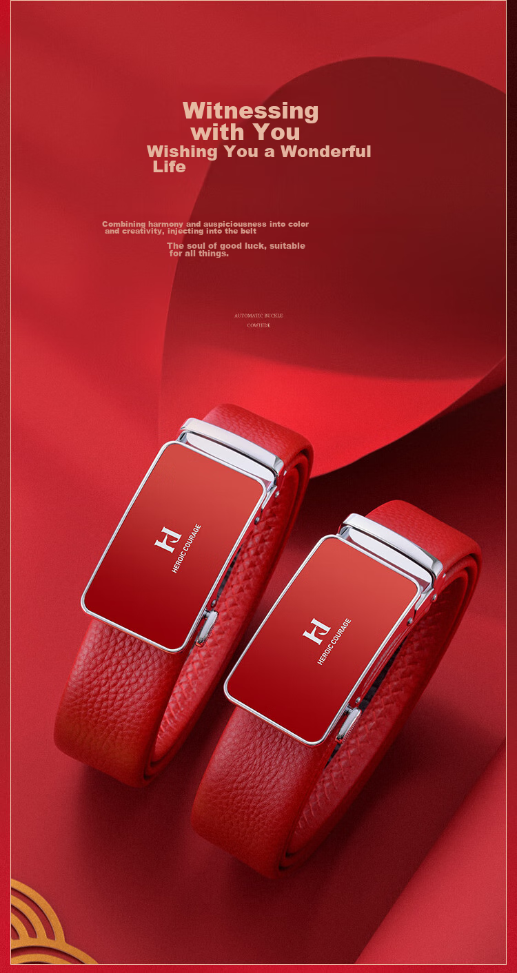 HLA Men's Belt with Automatic Buckle, Business-Style Top-Layer Cowhide Red Waistband, Fashionable Birthday Gift, Trouser Belt for Boyfriend Or Father 10