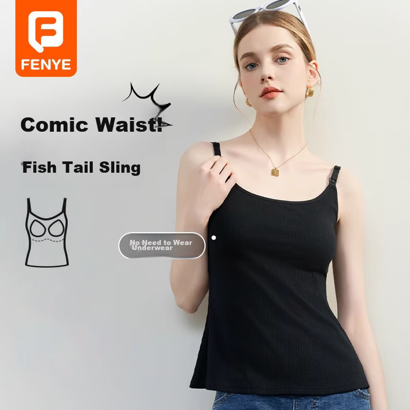 FENYE Fish Tail Nursing Camisole for Spring And Autumn Wear, Can Be Worn As Outerwear with Built-In Pads, No Bra Needed for Going Out Nursing Top, Black XL