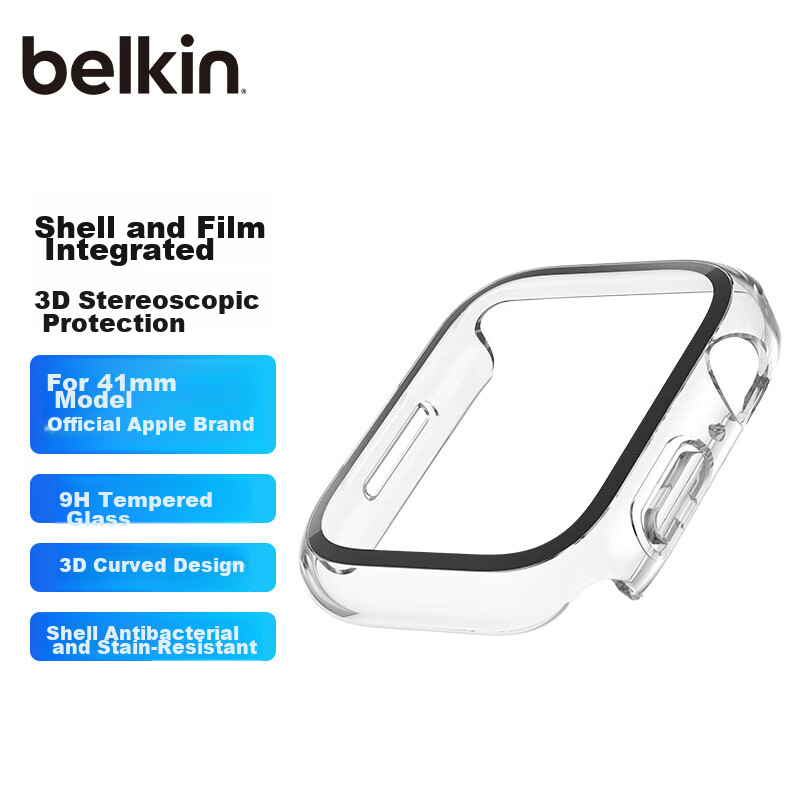 BELKIN Full Coverage Transparent Protective Case for Apple Watch, Full Screen Tempered Glass Film with Shockproof Design, Two-In Case for Apple Watch S9/S8/S7 to S4, Compatible with 41mm Model