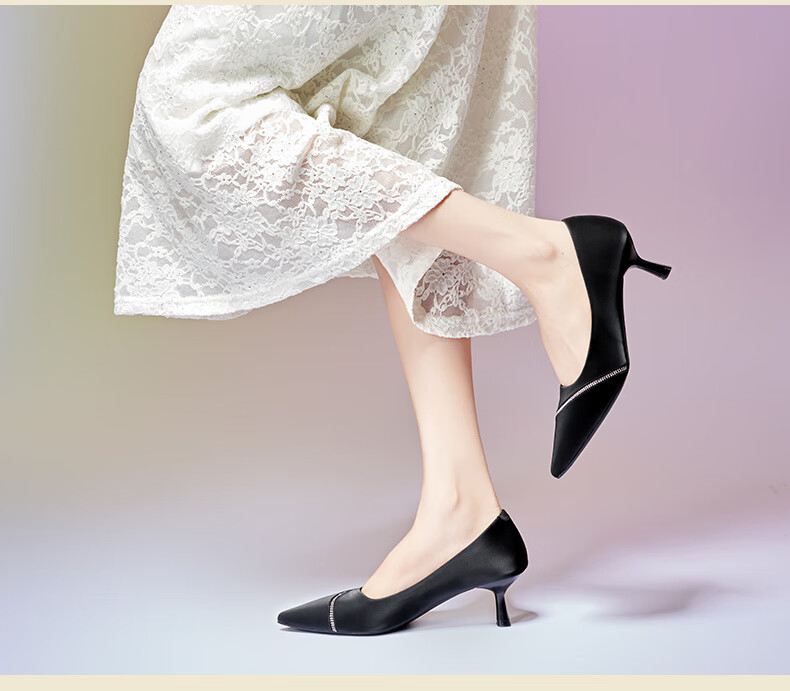 LAORENTOU Women's High Heels, Office Work Shoes, Leather Shoes with Pointed Toe And Chunky Heel, Slip-On Women's Shoes, LB90, Black, Size 35 7