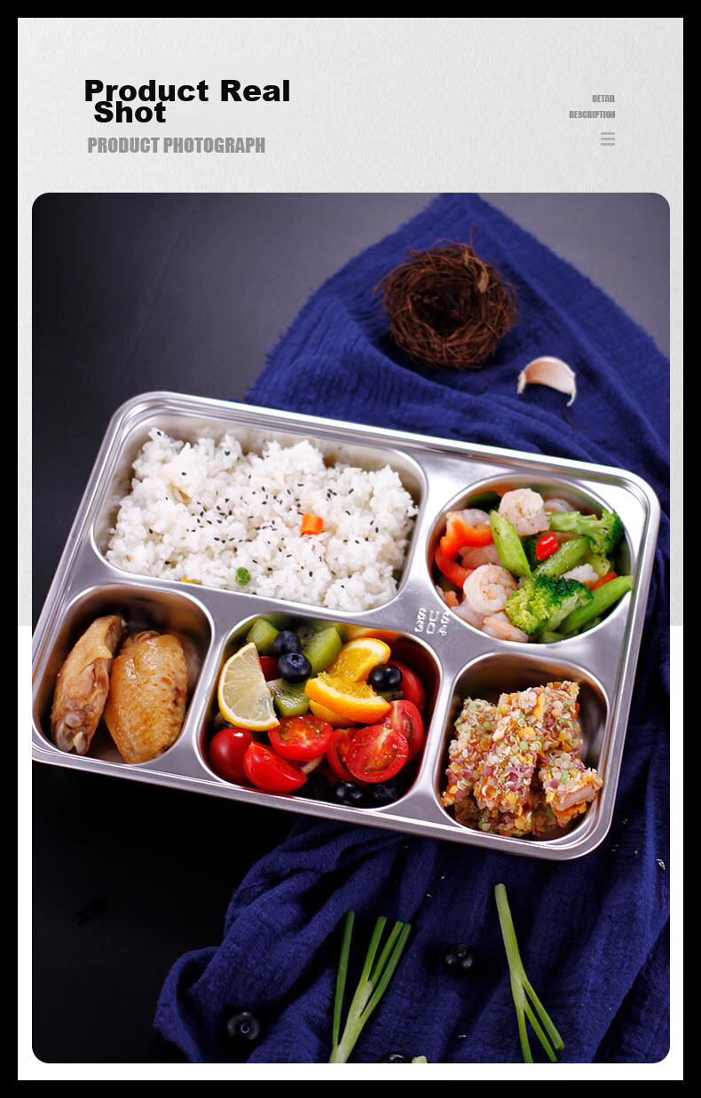 Jinyaoshi 304 Stainless Steel, Thickened Compartmented Fast Food Tray for Adults, Full Steel Lunch Box with Lid, Five Compartments GK-510KC 11
