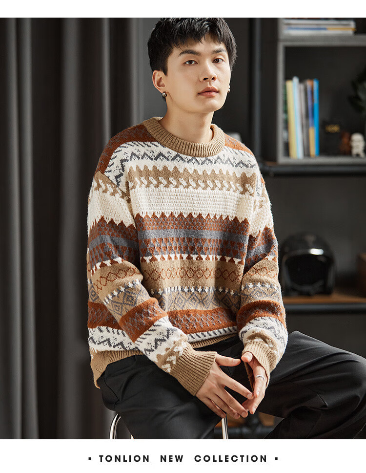 TonLion Autumn And Winter Men's Sweater, Jacquard Round Neck Knit Pullover, Japanese Retro Lazy Style Geometric Patter 4