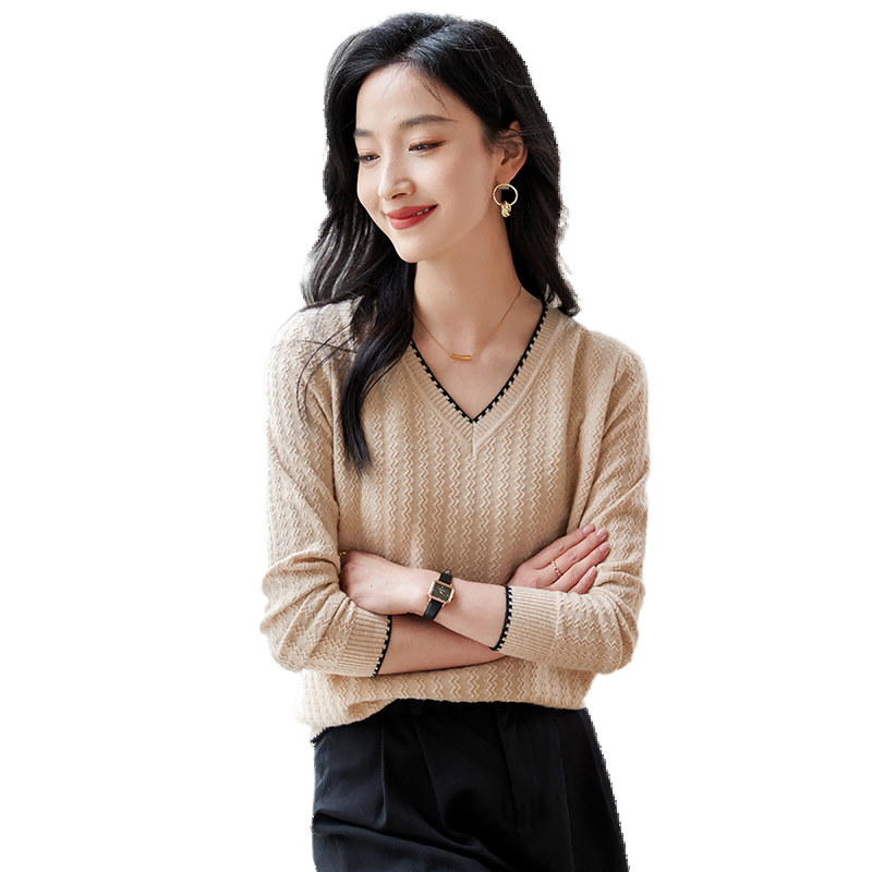 Chushen Spring and Autumn Women's Knitwear Fashionable Elegant V-Neck Color-Block Collar Long Sleeve Base Shirt S141Z3649
