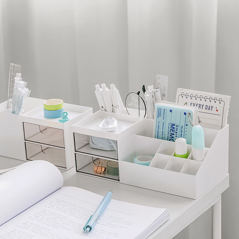 Sannianerban Simple Desktop Pen Holder Storage Box, Large Capacity Transparent Drawer Desk Ornament, Multifunctional Student Stationery Box Pencil Case, Ivory White Large Size