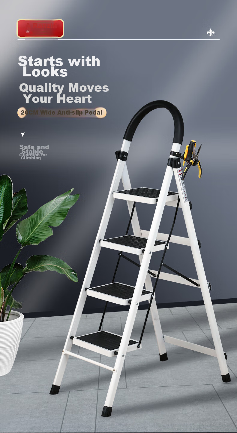 AOZHI Folding Ladder for Home Use, Thickened Steel Tube, Thickened Steps, A-Frame Ladder, Engineering Ladder, White Five-Step Ladder 3
