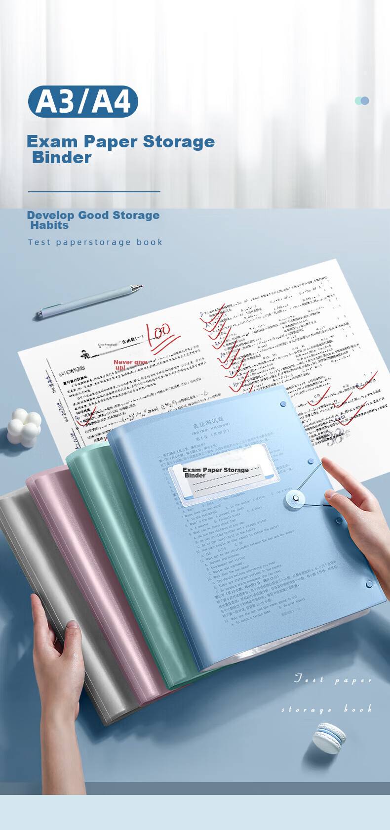 Jinzhi A3 Exam Paper Folder with 60 Pages, Large Capacity to Hold 120 Sheets of Student Exams, PP Material, Includes Subject Stickers, Taro Pink Color, for Exam Season Paper Organizatio 1