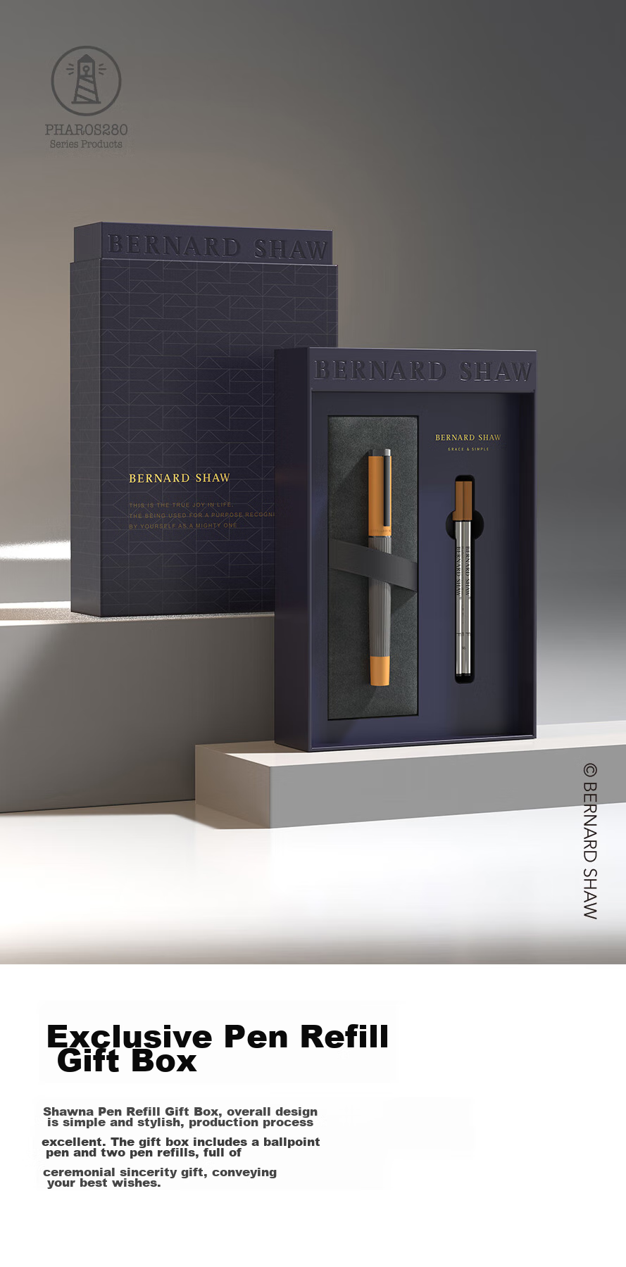 Bernard Shaw Mid-Autumn Festival And National Day Gift Ballpoint Pen High-End Luxury [Lighthouse] Micro-Glow Orange Ultimate Pen Refill Gift Box Set Premium Business Office Men's 11