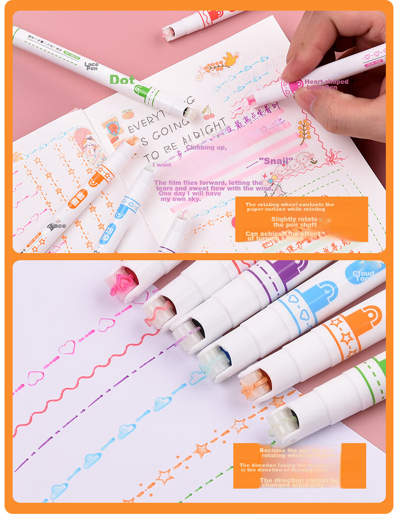 Genvana 6-Color Floral Pattern Outline Pen, Curved Pen, Highlighter, Embossing Pen, Marker Pen for Students, Decorative Edging for Handwritten Reports, Colored Journal Decoration Pen G-0546 5
