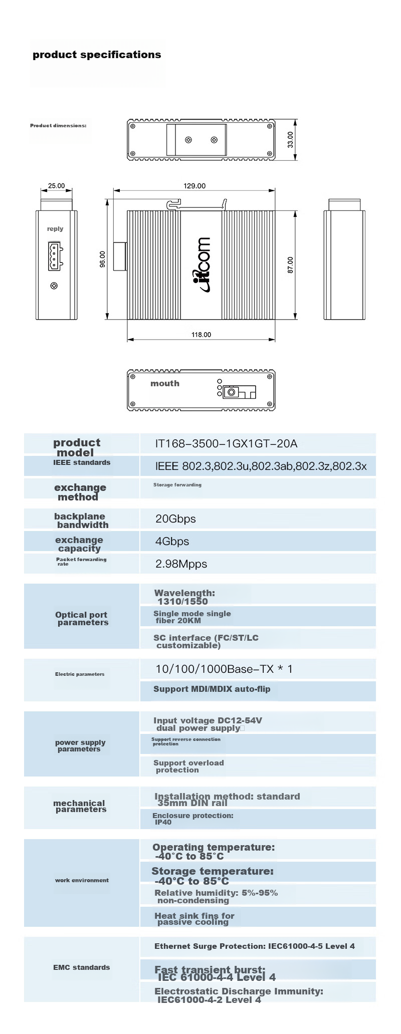 Itcom Industrial-Grade Fiber Optic Transceiver, Gigabit Single-Mode Single-Fiber 1 Optical 4 Electrical, DIN Rail-Mounted Optical-Electrical Converter, Power Not Included, IT168-3500 8