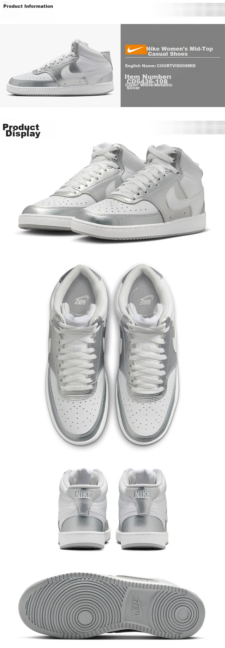 NIKE COURT VISION Women's Casual Shoes with Shock Absorption, Mid-Top Sneakers CD5436-108 Silver White Size 36 1