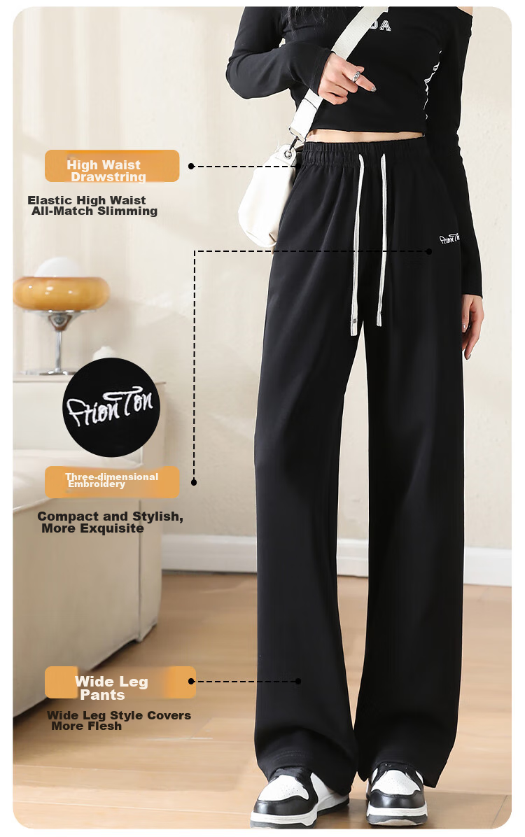 FitonTon Women's Casual Pants, Spring And Summer Straight-Leg Sports Chenille Wide-Leg Trousers, Flowing Floor-Length Pants, High-Waisted Slimming Sweatpants 7
