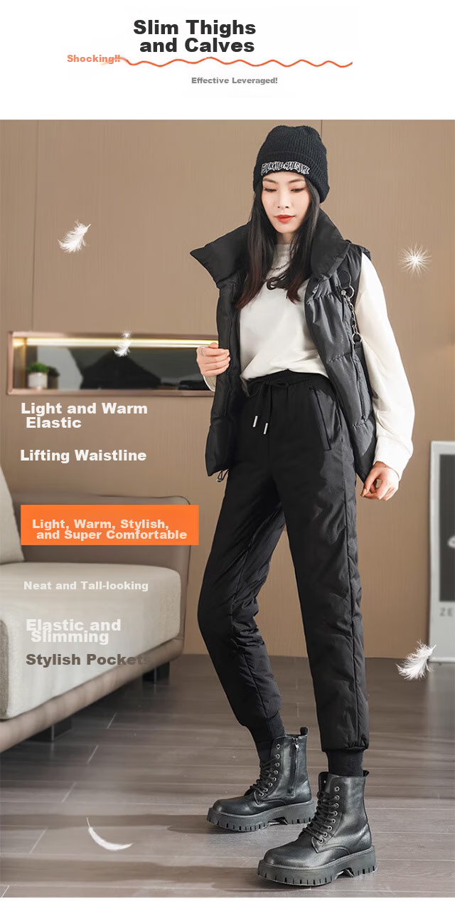 LangSha Women's Down Pants for Outdoor Wear, Winter Fleece-Lined White Duck down Trousers, Women's Tapered Leg Windproof Cotton Pants, Thickened Warm Pants, Black 11