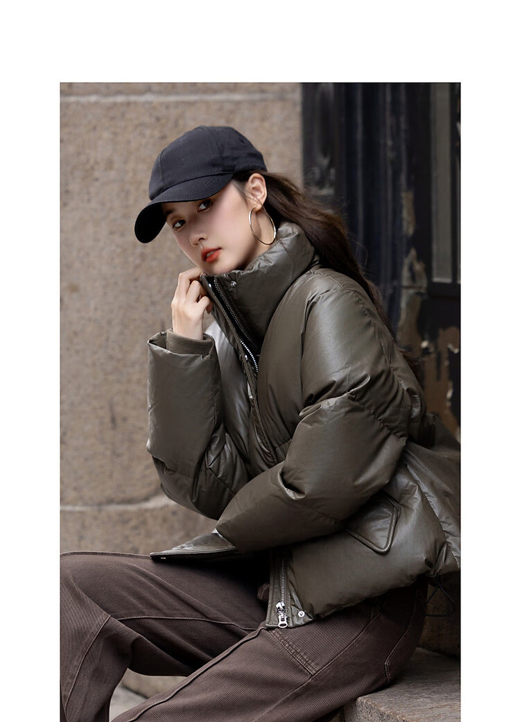 Dme [Washless Luxury Old-Style] Winter New Stand-Collar PU Loose Long-Sleeve Thick Warm Slimming down Jacket for Women, Short Style 14