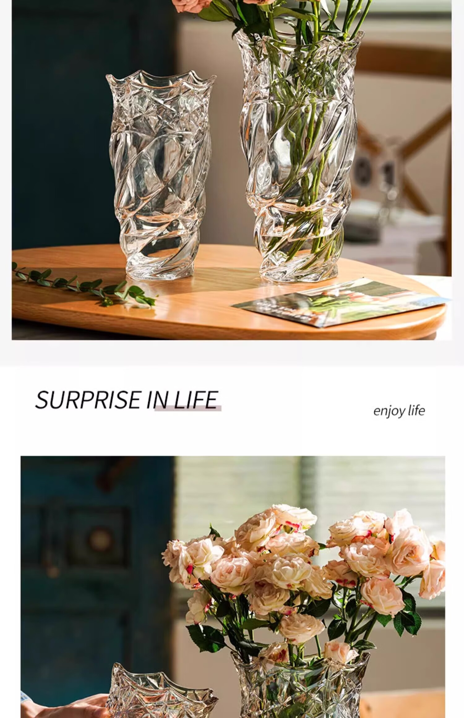 Fanyejia Luxury Crystal Vase, Elegant Large Glass Ornament, Nordic Style for Living Room, Flower Arrangement, Rose, Bedroom Water-Grown Fresh Flower Vase 4
