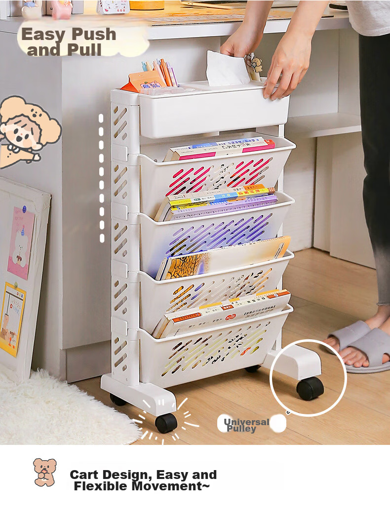 Jinlongxing Mobile Bookshelf, Classroom Desk Side Storage Rack, Floor-Standing Book Organizer with Wheels, Magazine Rack, Six-Tier 3