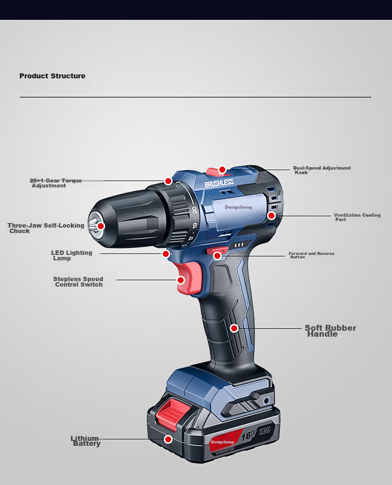 Dongcheng 16V Brushless Lithium Drill WJZ2410S, Rechargeable Dual-Battery Electric Drill, Household Power Screwdriver, Power Tool 11