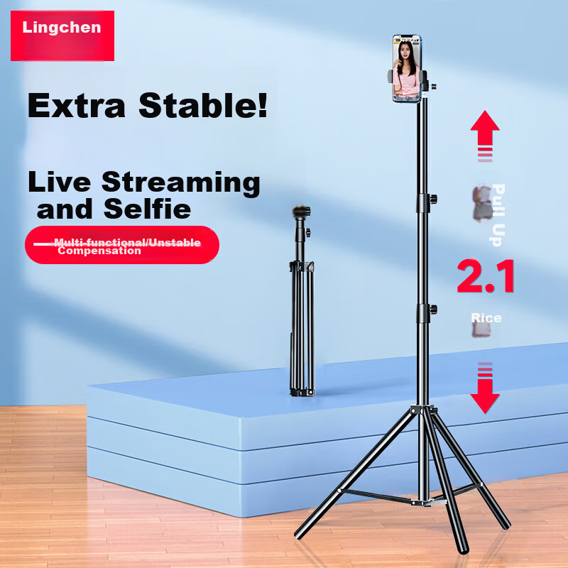 LINGCHEN Floor-Standing Phone Stand, Live Streaming Tripod for TikTok And Kuaishou Short Videos, Influencer Triangle Stand, Outdoor Portable Bracket, 2.1 Meters Foldable Storage