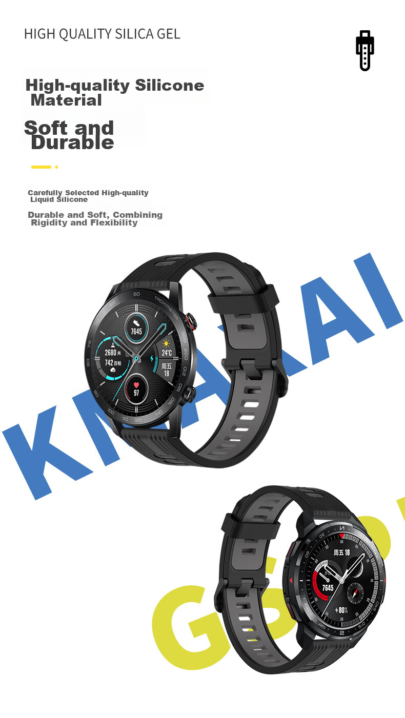 KMaxAI Compatible with Honor Watch GS/4 Pro/GS3i/Dream/2 Silicone Watch Band, 46mm Smartwatch Strap, Dopamine Smart Sports Watch Band, Contrasting Color Replacement Wristband, Black And Gray 6