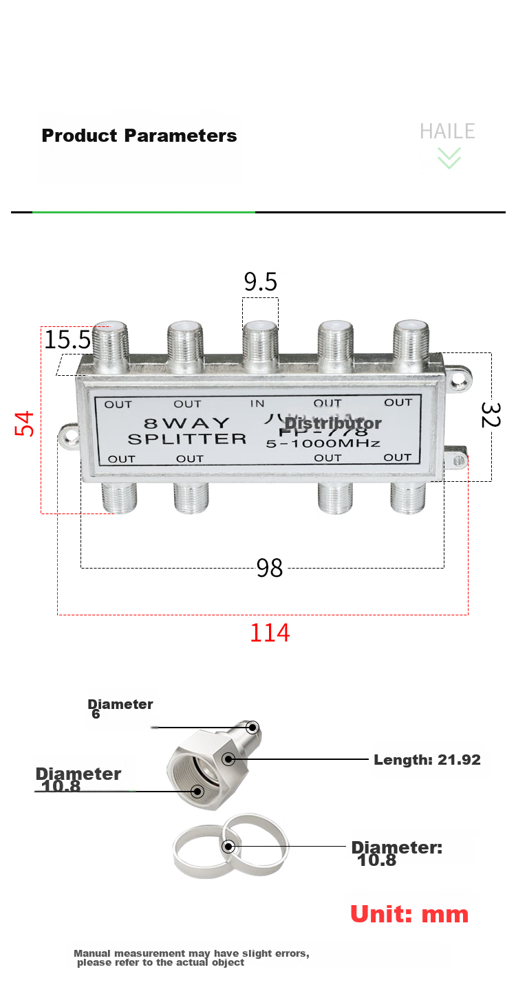 HAILE Video Distributor, 1-To Cable TV Signal Splitter, 5-1000MHz, Metric F Connector, FP-8G with Connector 7