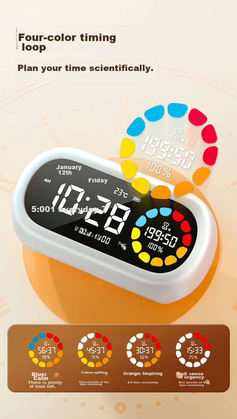 Deli Visual Smart Alarm Clock Timer, Student-Specific Wake-Up Device with Backlight Bedside Clock And Thermometer, Essential for Back-To And Graduation Seasons, LE107 White Gift 16