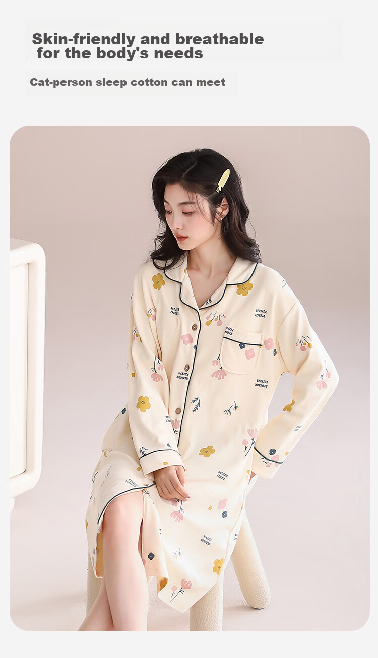 MiiOW [Anti-Mite Antibacterial Pure Cotton] Women's Nightgown with Chest Pads, Floral Print Cardigan, Plus Size Loungewear, Apricot Color, XL 15