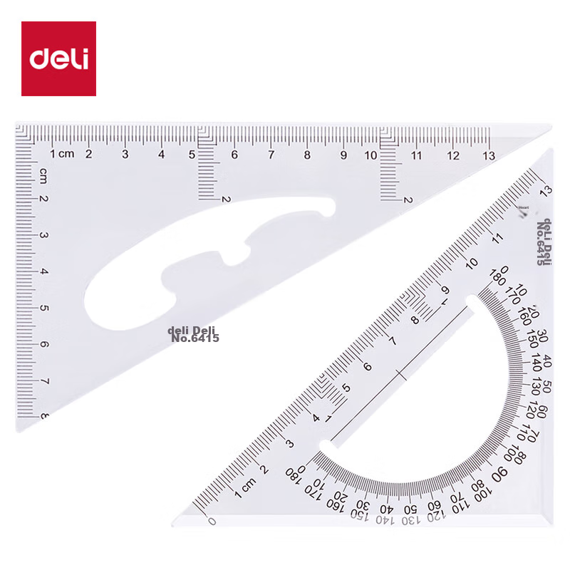 Deli 13cm Triangular Ruler, Equal-Sided Right Angle Triangle Ruler + Hypotenuse Triangle Ruler, High Transparency Wear-Resistant with Protractor, 2-Piece Set, College Entrance Exam Blessing Gift