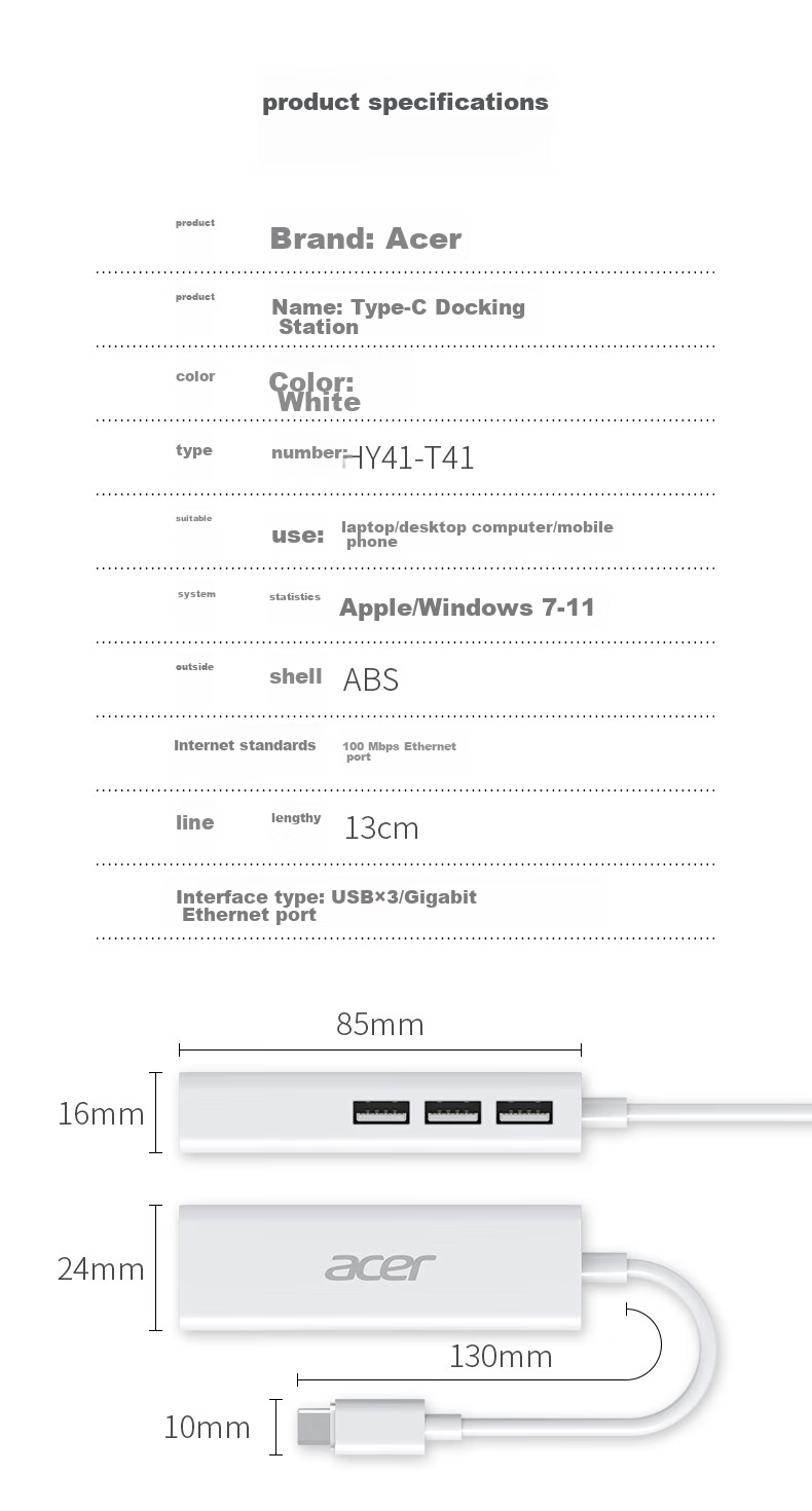 Acer Type-C to RJ45 Ethernet Adapter Hub Converter, Network Port Expansion Dock for Laptops And Desktops, Ethernet Port Expansion Dock for Windows 8/10 10