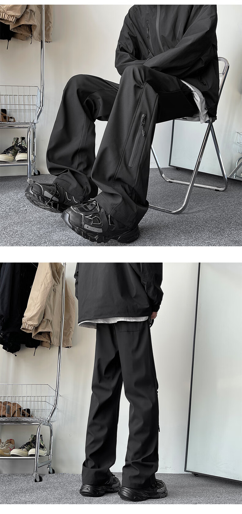 IZEXX Mountain-Style Water-Repellent Casual Pants for Men, Summer Straight-Leg Wide-Leg Outdoor Paratrooper Cargo Trousers IZ37 Black M 11