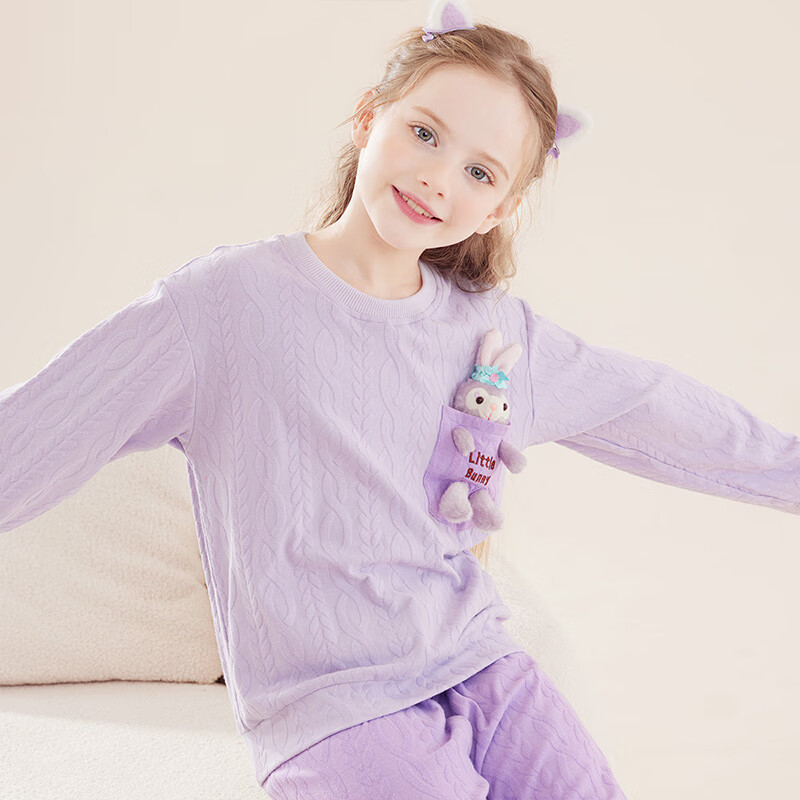Duomiaowu Girls' Pajamas Children's Loungewear Set Cotton Spring And Autumn Mid to Big Kids Little Girls Parent-Child Clothing 99136 Purple 120