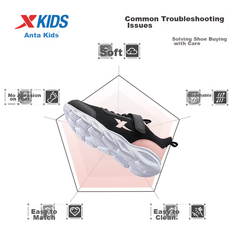 XTEP Children's Shoes Girls' Mesh Upper Basic Soft Sports Running Shoes Black/Romantic Pink Size 35