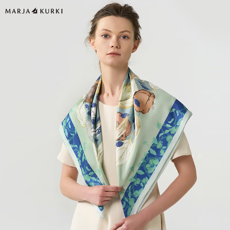 MARJA KURKI Mid-Autumn Festival Gift for Women's Mothers, Double-Sided Square Scarf, Mulberry Silk Shawl, Silk Scarf Gift Box Set, Autumn Persimmon Blue