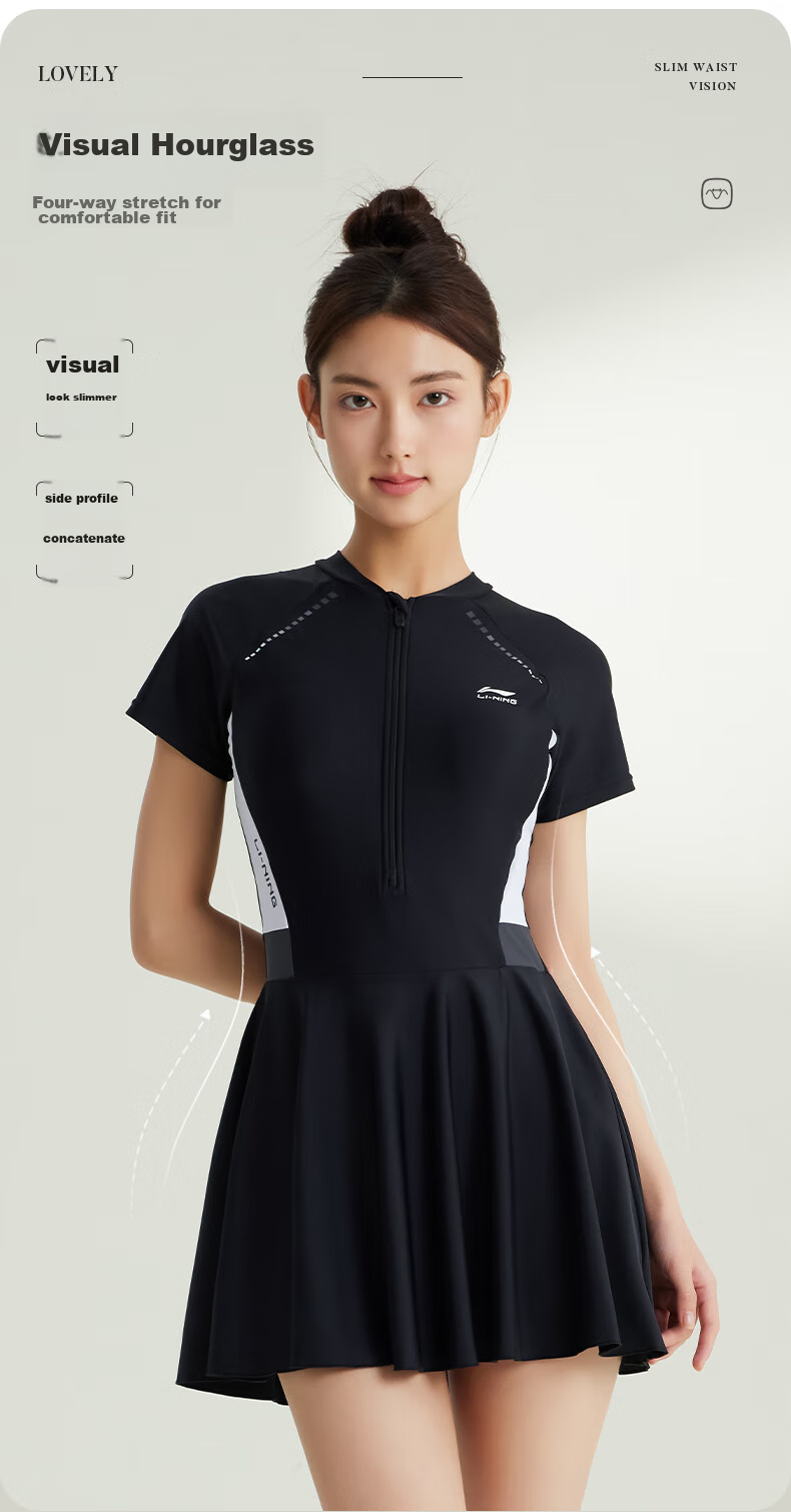 Li-Ning One-Piece Swimsuit for Women, Dress-Style Swimwear, Tummy Control, Slimming, Chlorine-Resistant, Quick-Drying, Water Play, Vacation Swimwear, 546 Black, Size M 3