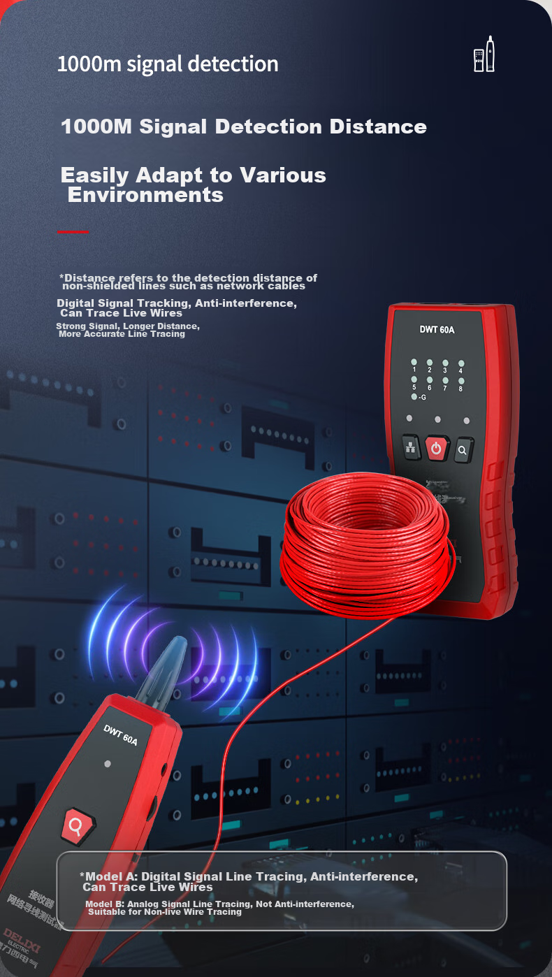 DELIXI ELECTRIC Multifunctional Cable Tester, Wire Tracker, Anti-Interference Telephone And Network Cable Tester, Home Use DWT 60B 11