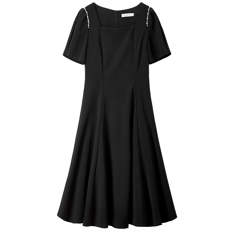 Sentubila Short-Sleeve Dress for Women, Summer Fashion Commuter Mid-Length A-Line Dress with Beaded Waist, Slimming Effect, Black, M