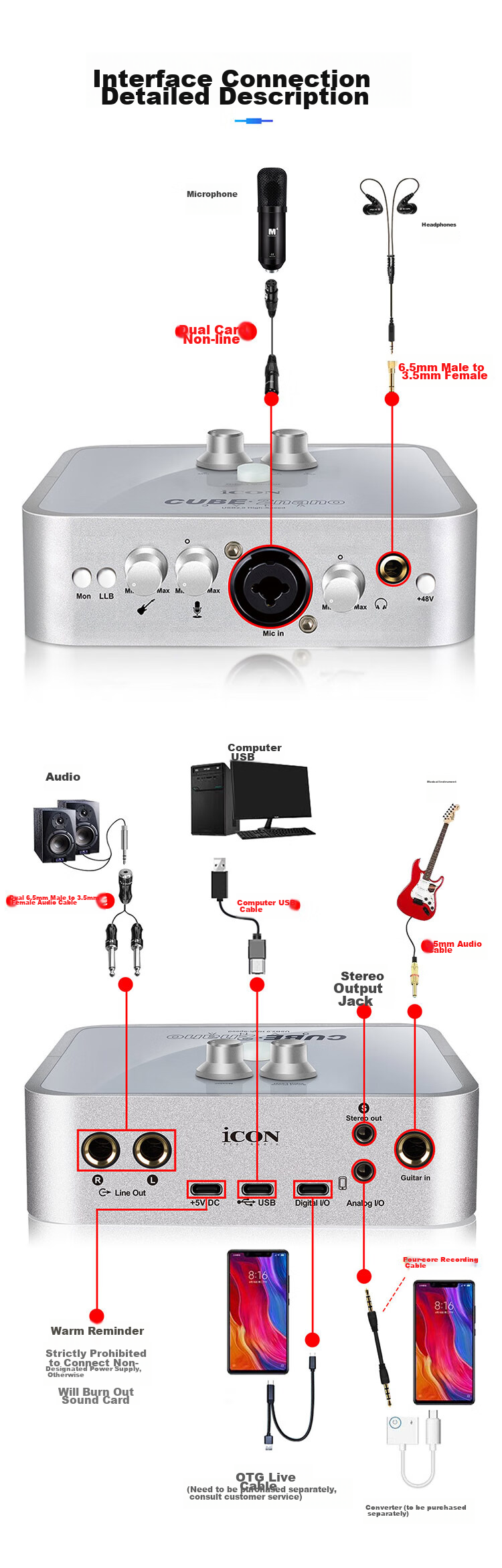 Aiken ICON 2nano External Sound Card Live Streaming Device, Streamer Live Singing Shouting Microphone, Mobile Phone Computer Professional Recording Karaoke Singing Sound Card Equipment ICON Single Sound Card 11