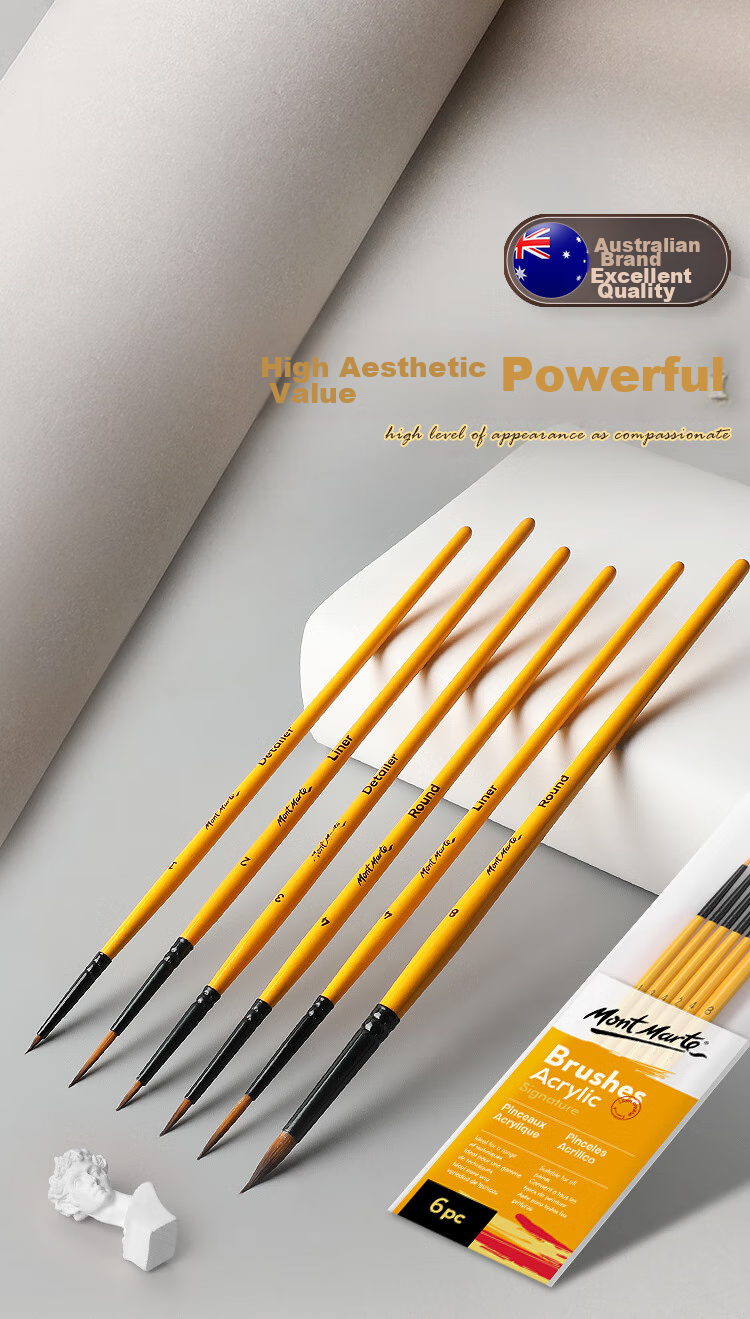Mont Marte Gouache Brushes, Set of 6, Watercolor Brushes for Children's Watercolor Painting, Art Paint Line Brushes, Round Tip Flat Brush Set for Students, BMHS0008 Sketching, Marker Drawing 4