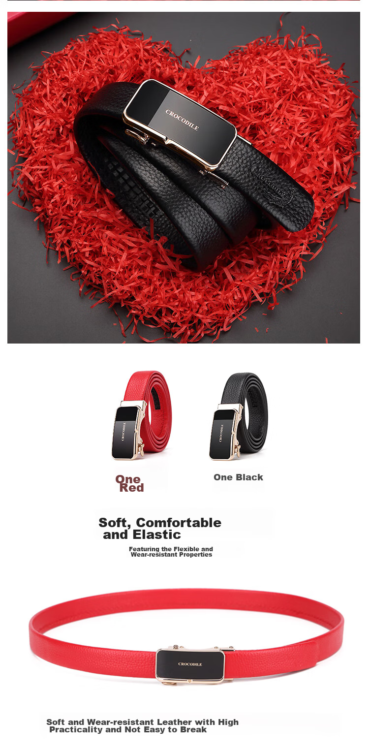 CROCODILE Top-Grain Leather Women's Automatic Buckle Belt, Business Belt, Birthday Gift for Girlfriend, T1561 Black 5