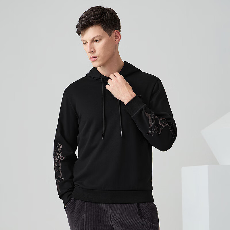 DANCING WOLVES [Jacquard Texture] Autumn And Winter Fashion Versatile Embroidered Hooded Sweatshirt for Men, 001 Black, Size 180