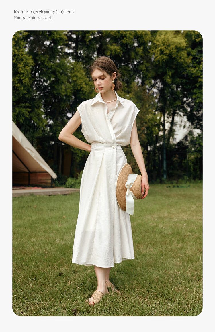 Olrain Eurielle Vintage Shirt-Style Raglan Sleeve Waist-Cinched Dress with Flared Skirt Women Beige L 9