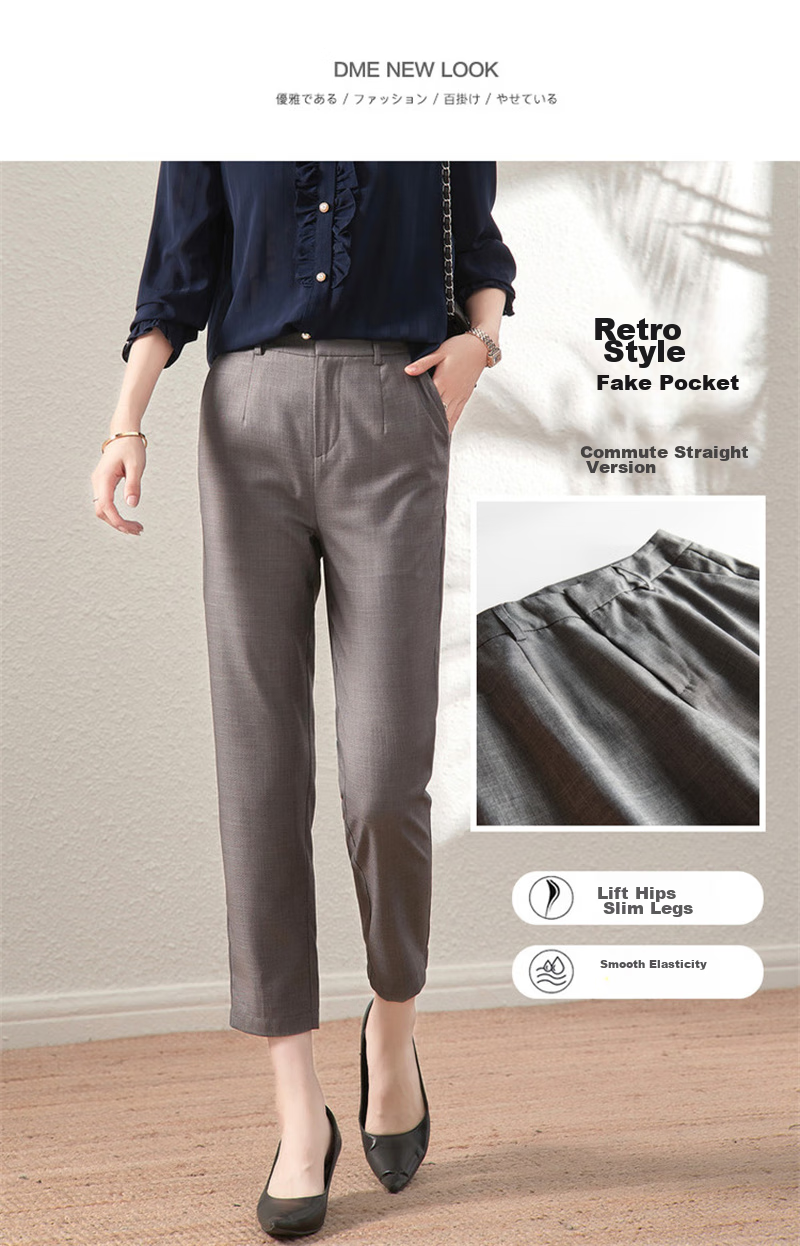Dme Cropped Pants for Spring And Autumn, New Straight-Leg Suit Pants with Fake Pockets, Casual Trousers for Women, Khaki, S 20