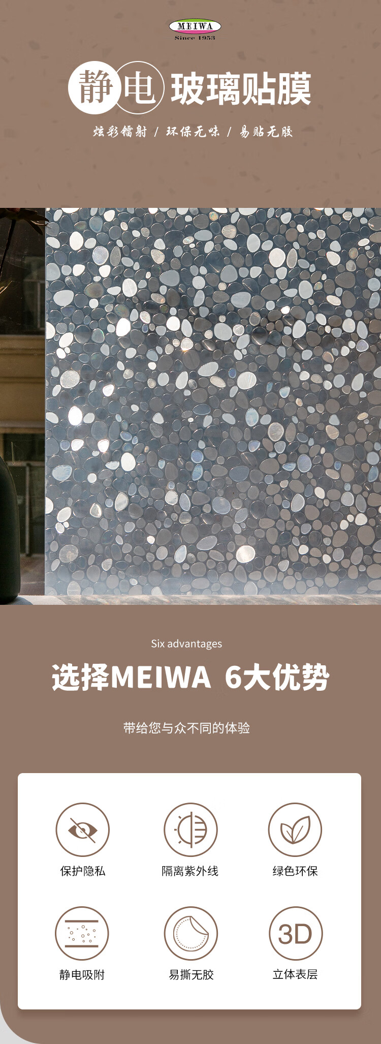 MEIWA Frosted Self-Adhesive Glass Sticker Bathroom Window Privacy Film Raindrop Pattern 60*200cm 1