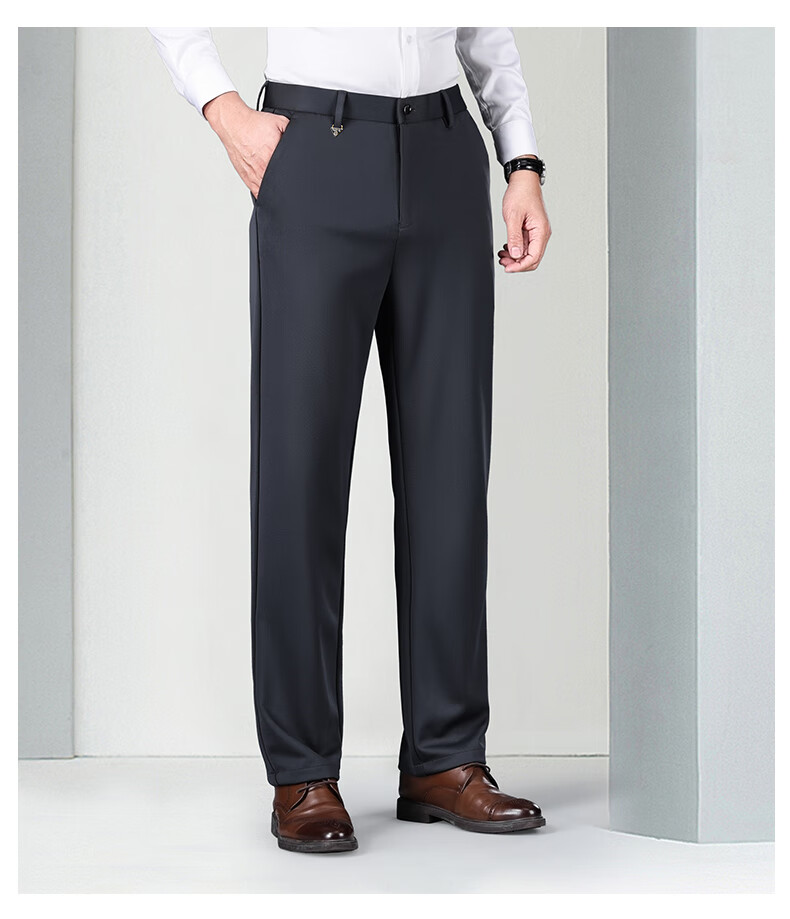 ROMON Anti-Wrinkle Dust-Resistant Men's Non-Iron High-Waist Loose Fit Suit Trousers Casual Straight-Leg Dad Pants 13