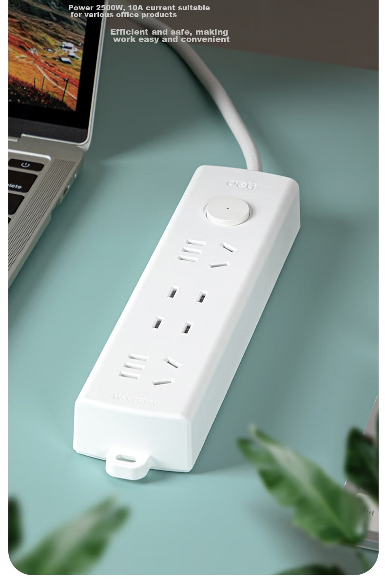 Deli Pearl White Series New National Standard Safe Power Strip/power Bar/power Board/power Extension Cord with Master Switch, Protective Cover, 3 Outlets, 3 Meters, LX120 5