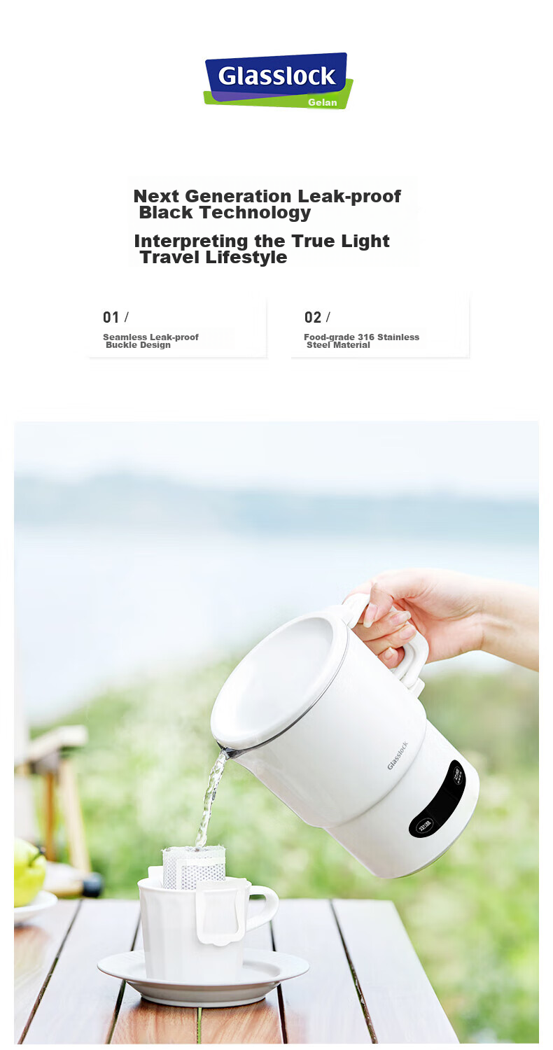 GLASSLOCK Portable Electric Kettle [Essential for Travel], Foldable Hot Water Kettle with Temperature Control, Insulated Thermos for Hotels, Health Pot, Small Cooking Pot, Noodle Cup 1