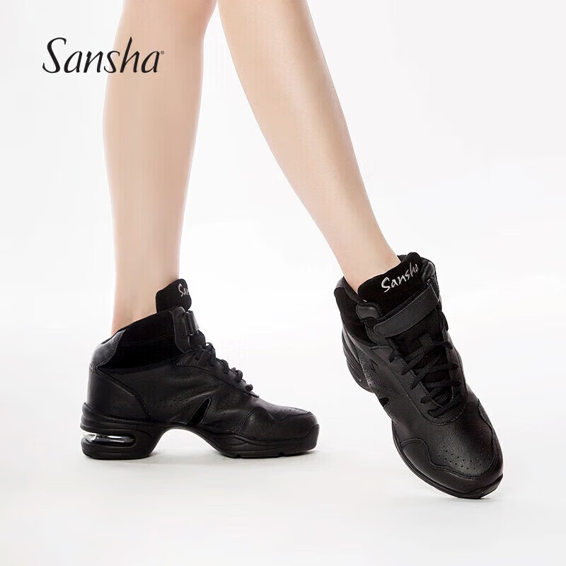 Sansha Sports Dance Shoes with Leather Upper And Air Cushion, Modern Dance Shoes, High-Top Shoes, Square Dance Shoes H52LPI Black Size 38