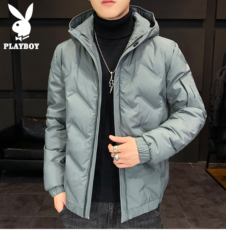 PLAYBOY Men's Autumn Winter Hooded Lightweight Warm Down Jacket Workwear Black 2XL 7