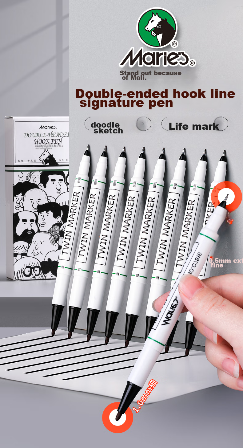 Marie's Double-Ended Marker Set of Ten, Art Student-Specific Black Outline Pens, Waterproof And Oil-Resistant, Quick-Drying Fine Tip Drawing Markers C7816 1