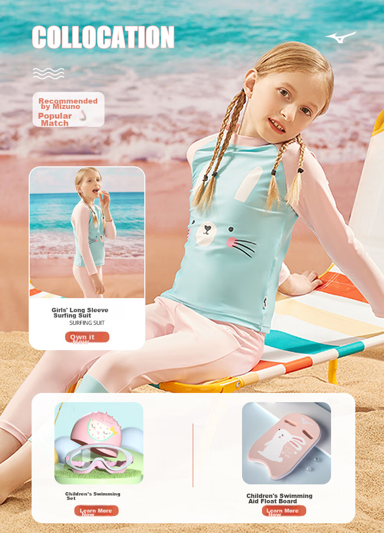 MIZUNO Children's Swimsuit, Girls' Two-Piece Long-Sleeve Quick-Dry Professional Sports Surfing Suit, Hot Spring Swimming Trunks, G1402 Pink, Size 160 14