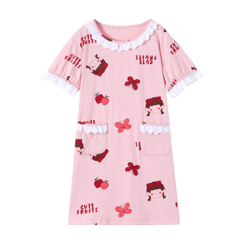 Dingguagua Girls' Nightgown, Princess Style, Pure Cotton, Lightweight for Summer, Little Girl's Loungewear, Children's Parent-Child Pajamas, Pink, Size 140