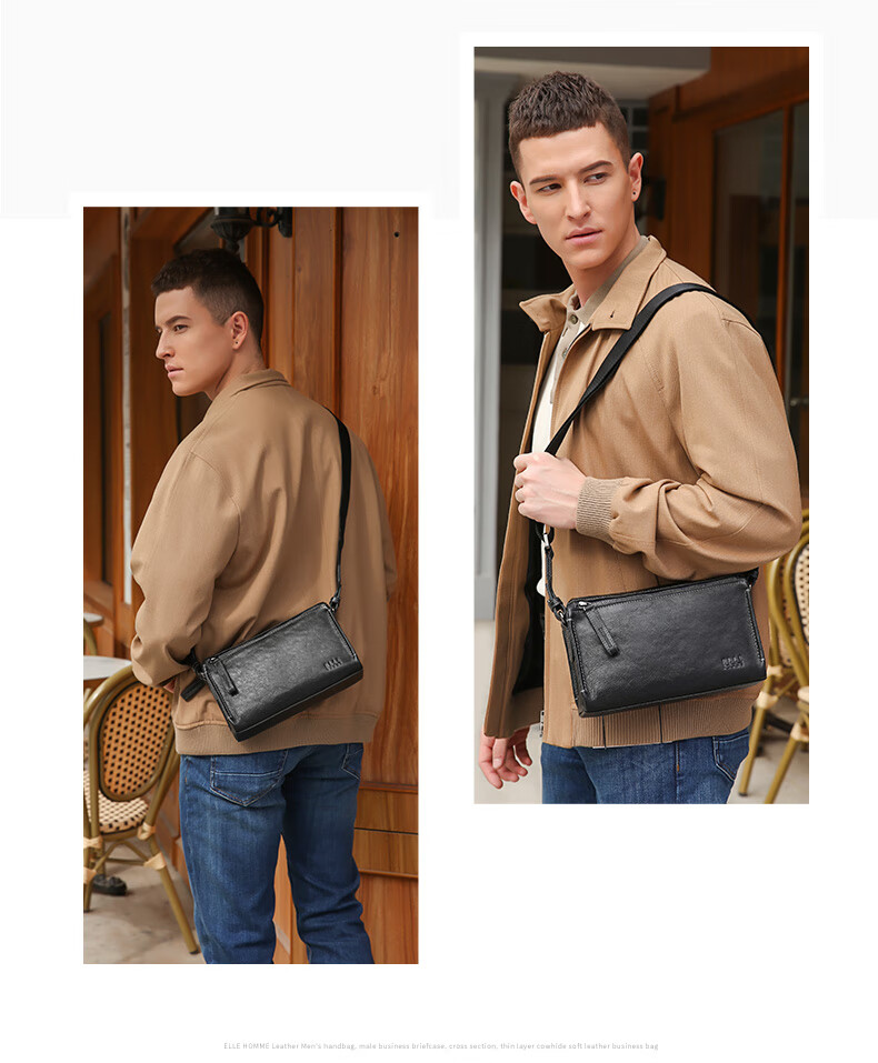 ELLE HOMME Men's Crossbody Bag, Fashionable Genuine Leather Shoulder Bag, Casual Large-Capacity Small Satchel Cowhide Men's Bag 206730 Black Birthday Gift for Boyfriend 2